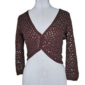 Y2k Vintage M Brown Cardigan Iridescent Sequin Crop Forest Fairy Grunge Boho
